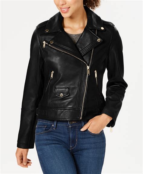 michael kors black leather moto jacket|michael kors asymmetrical leather jacket.